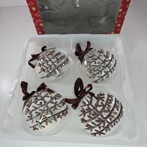 Set Of 4 Dillards Trimmings Glass Christmas Ornaments Glitter Tree Brown Ribbon